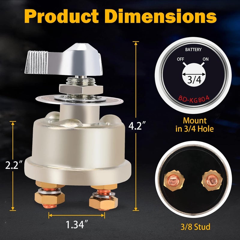 FEITON 12-48V Master Battery Disconnect Switch, High Current 200A Battery Power Cutoff Isolator Killer Switch with Face Plate for Car Vehicle RV Truck Boat Marine Outboards ATV On/Off Battery Isolator Switch - Image 5